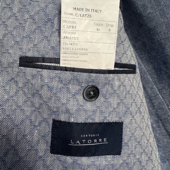 Men’s Blazer Light Blue Linen Wool Blend Peak Lapel | 2 Button Jacket | Size 36R - Picture 6 of 7